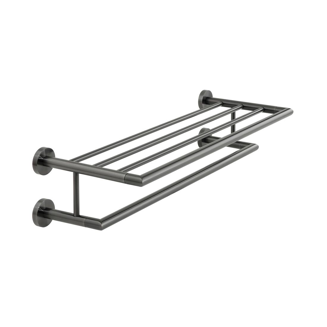 BRUSHED BLACK TOWEL SHELF WITH TOWEL RAIL 600MM [24″] – IND-SFA185B-BLK